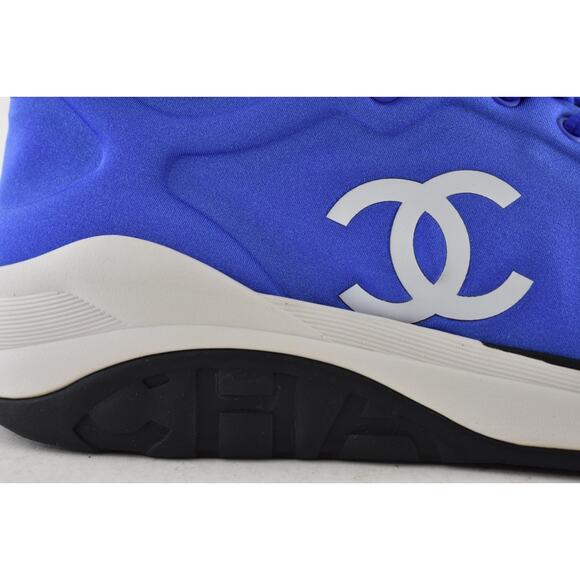 Chanel Men 19P Blue Lycra White Black CC Logo Lace Low Top Trainer Sneaker 44 11 - Picture 3 of 12